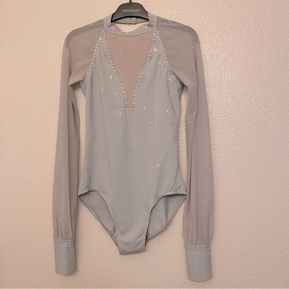 Weissman solo custom Dance costume gray Long Poet Sleeve Leotard MT11817 SA - Picture 3 of 12
